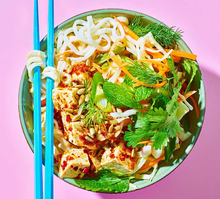 Spicy tofu tahini noodle salad