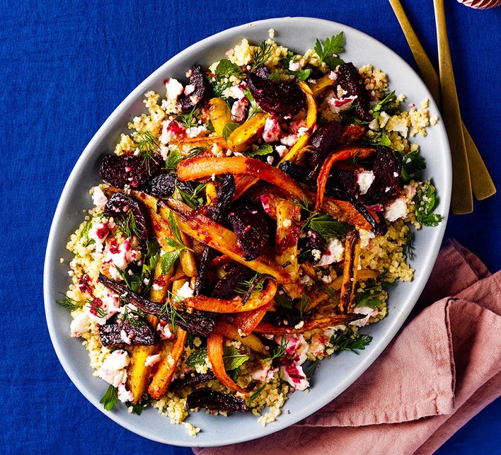 Honeyed beetroot & carrot salad with feta & hazelnuts