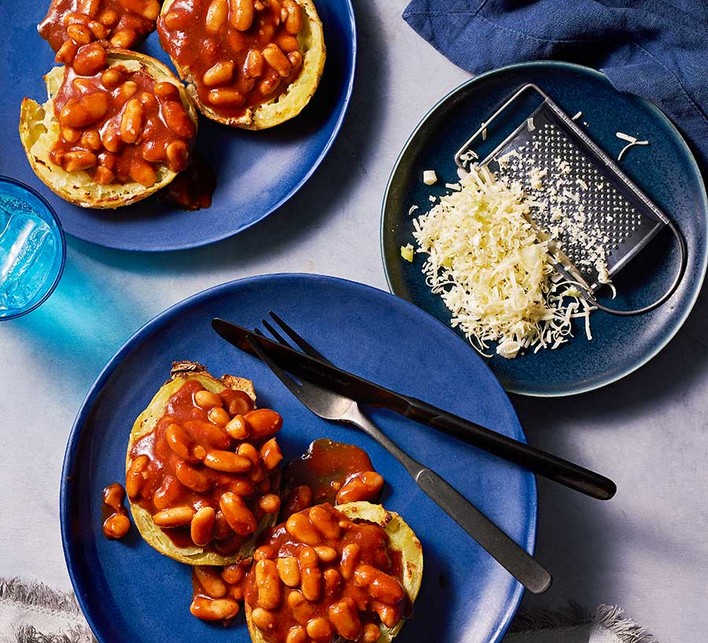 Loaded potato skins with speedy baked beans