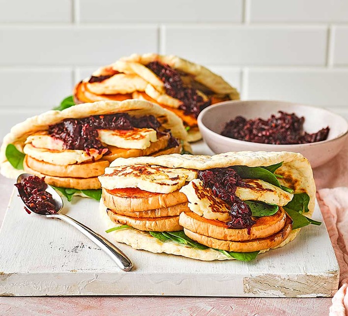 Squash & halloumi flatbreads with sweet chilli beetroot jam