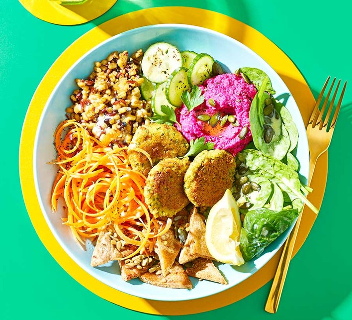 Broccoli stem falafel bowl