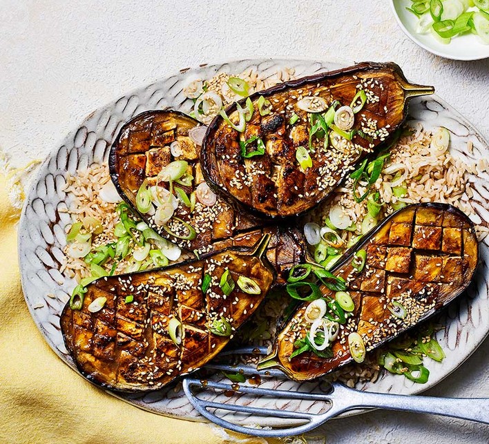 Sticky miso aubergine traybake
