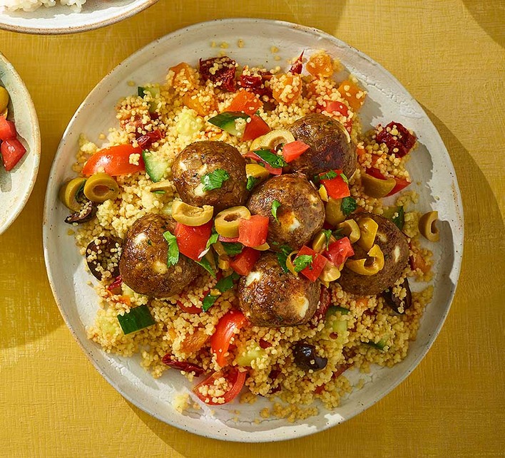 Lentil, ras-el hanout & date ‘meatballs’ with olive salsa