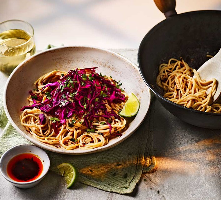 Tahini noodles with red cabbage & Sichuan peppercorn slaw