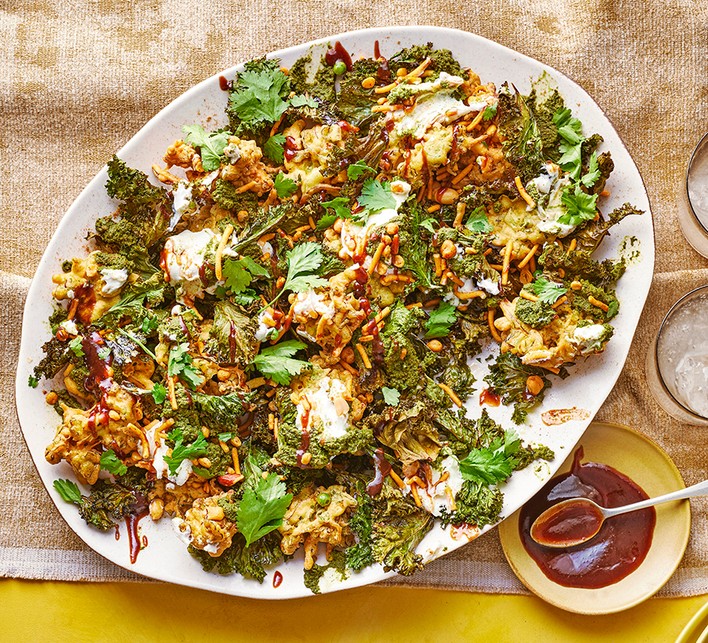 Crispy kale leaf chaat with stalk pakoras & herby chutney